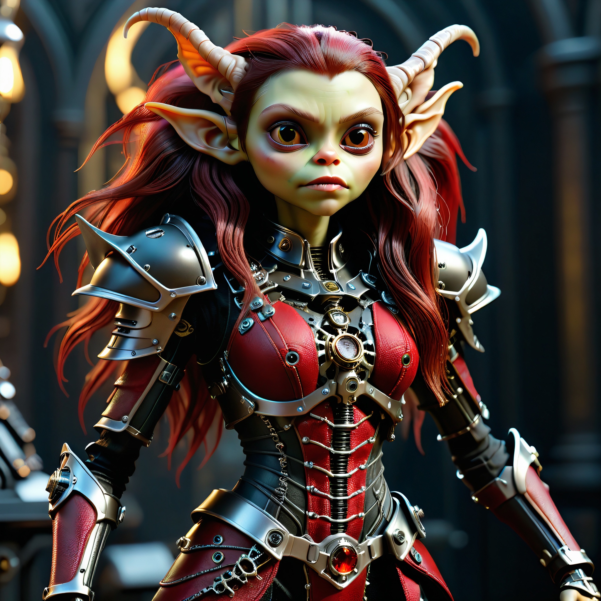 masterpiece, intricate photo of chritmas female mechanical alien android gremlin in knight armor,long hair, vampire clothing, death angel dress, cyberpunk style, steampunk style, gothic art, red black dress, hyper realistic, highly detailed, sharp focus, best quality, 8K