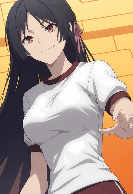 score_9, score_8_up, score_7_up,closed mouth, shiny skin, light smile,ohwx, black_hair, long_hair, 1girl, solo, brown_eyes, breasts, hair_ribbon, ribbon, medium_breasts, very_long_hair, large_breasts, half_updo,gym_uniform, Dancing in a waltz pose, lunar outpost with a view of earth in the distance,,<lora:akio_fudo_pony_sobsynapse-000011:1>