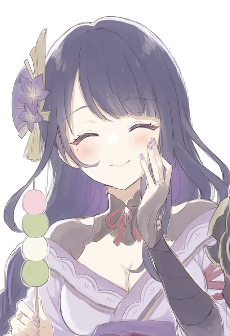 masterpiece,best quality, nagi, <lora:nagi_IllustriousXL_v1.0:1>, 1girl, solo, long hair, breasts, blush, smile, bangs, simple background, hair ornament, white background, holding, cleavage, closed mouth, closed eyes, upper body, purple hair, flower, food, japanese clothes, kimono, armor, mole, mole under eye, ^ ^, holding food, shoulder armor, bridal gauntlets, hand on own face, hand on own cheek, purple nails, wagashi, dango, sanshoku dango, raiden shogun