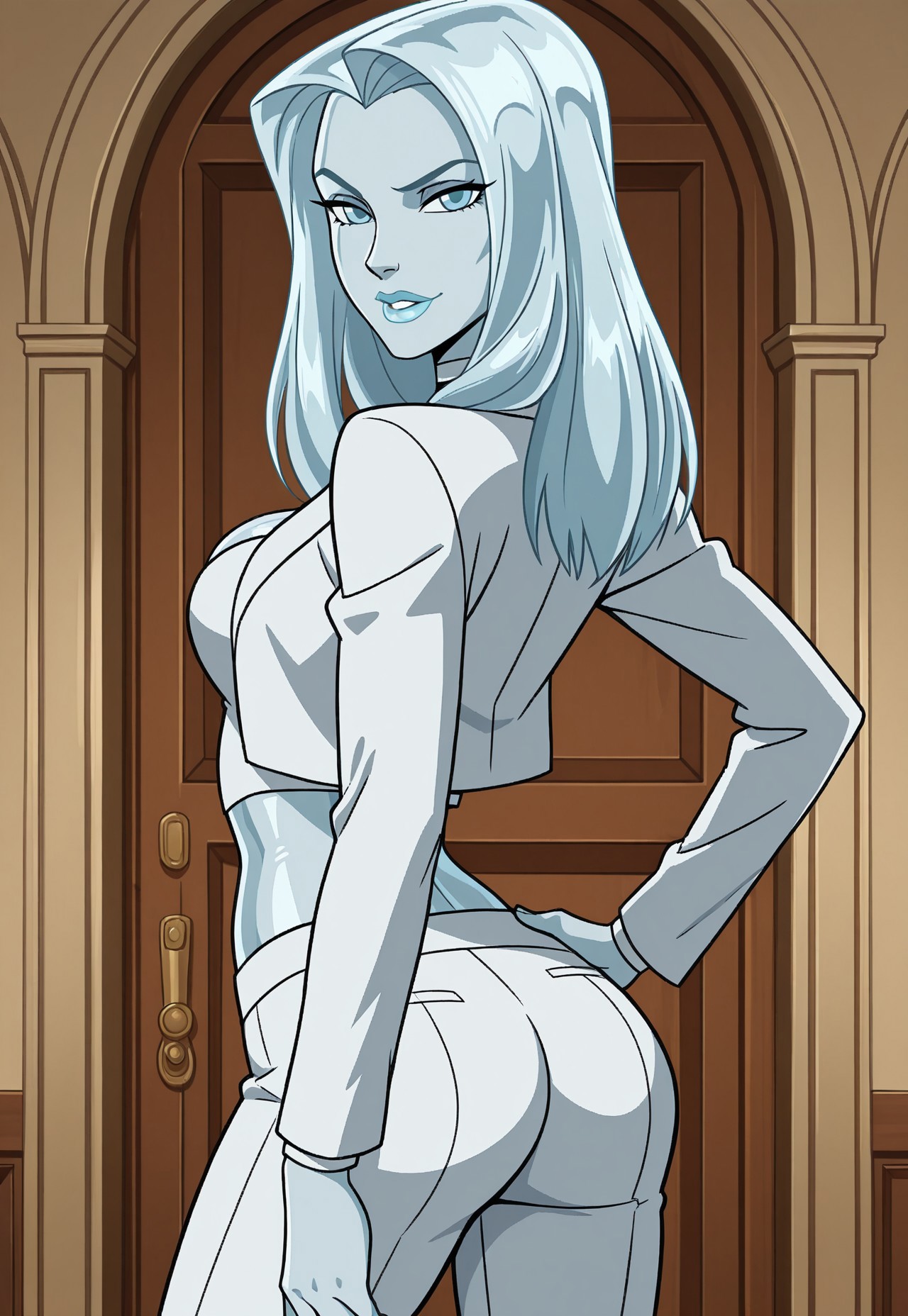 ((parody, style parody), perfect anatomy, perfect eyes, cowboy shot, from behind) BREAK <lora:EmmaFrostIL:1> emma frost, long hair, glass skin, glass hair, glass eyes, glass lips, sultry eyes, naughty face, parted lips, ((looking back at viewer)), choker, cleavage, shirt, midriff, white jacket, suit, white pants, showing off body, hand on hip, teasing viewer, arched back, indoors