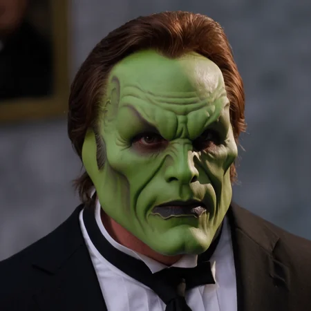 detailed high quality photo of a man with a (((green head))) and brown hair, the_mask, <lora:BigHeadMask_V1_Dorian_SDXL:0.6>