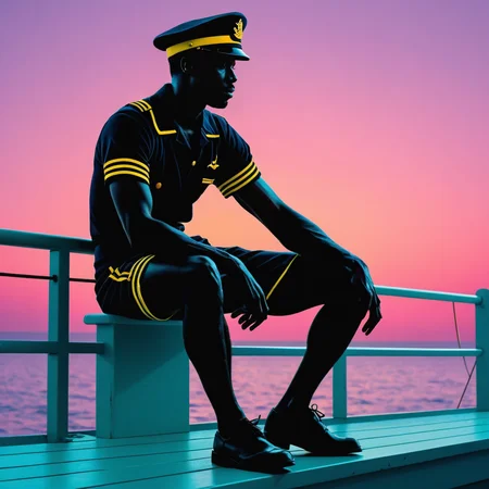 homoerotic illustration, solid black silhouette of a sailor on deck against a pastel background, vibrant neon colours, high quality, homoerotic