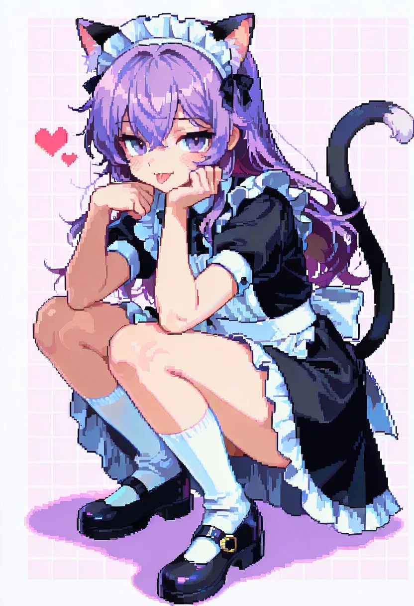 dpa,pixel art, solo, purple hair, tail, maid headdress, maid, long hair, heart, squatting, cat tail, 1boy, male focus, purple eyes, socks, tongue out, tongue, animal ears, cat ears, apron, black dress, white socks, dress, short sleeves, maid apron, crossdressing, looking at viewer, shoes, otoko no ko, mary janes, full body, black footwear