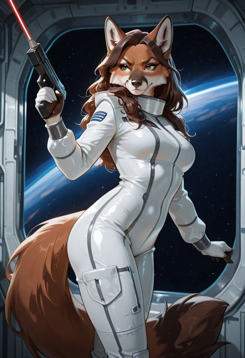 highly detailed, best quality, masterpiece, detailed background, detailed fur, detailed eyes, 1 anthro maned wolf woman, Denebra, brown hair, redish brown fur, dark brown ears, amber brown eyes, long fluffy tail, older woman, mature, white bodysuit, spacesuit, holding laser pistol, sci-fi pistol,
Floating, weightless, serious expression, dynamic pose,
futuristic background, outer space, space station,
close up,
Variety,