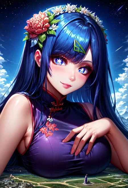 gorgeous lips, cinematic, (masterpiece), (best quality), (ultra-detailed), very aesthetic, perfect composition, intricate details, absurdres, detailed face, (anime, masterpiece, intricate:1.3), (best quality, hires textures, high detail:1.2), score_9, score_8_up, source_anime, 1girl, Liko, blue hair, short hair, green hairclip, blue eyes, very long hair, symbol-shaped pupils, crystals, flower crown, ruanyi0604, purple dress, china dress, floral print, stiletto high heels, large breasts, facial expression, loving, flirting, amused, smiling, head tilt, soft eyes, jvdaniang, goddess, planet size, giantess, giantess in space, in space, giant goddess, humongous body, lying down on planet, giantess lying down on planet, space, galaxies, small planets, floating objects, gradient eyes, beautiful detailed eyes, Side view, solo, (masterpiece:1.4), (best quality:1.4), (ultra-detailed:1.2), gl0w, glow, Extreme Size Difference,