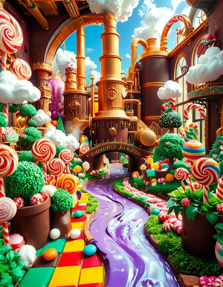 A whimsical and magical photo of Willy Wonkaâs Chocolate Factory. The scene captures the exterior of the factory, featuring a towering, fantastical building with colorful, crooked chimneys puffing out clouds of candy-scented steam. The walls are made of vibrant bricks in shades of purple, gold, and red, with intricate candy-inspired patterns carved into the structure. A large, ornate gate made of swirling lollipop shapes stands at the front, with the name "Willy Wonka" emblazoned in gold letters. Surrounding the factory is a lush, surreal landscape filled with oversized candy canes, gumdrop bushes, chocolate rivers, and trees made of cotton candy. The sky is bright and cheerful, with fluffy clouds that resemble whipped cream. The entire setting feels magical, playful, and inviting, full of bright, saturated colors and incredible, dreamlike details that spark the imagination.
<lora:SDXLFaeTastic2400:0.4> <lora:extremely_detailed:0.4> extremely detailed, <lora:Willy_W0nk4_chocolate_f4ct0ry:1>,Willy W0nk4 chocolate f4ct0ry, Masterpiece,best quality,hi res,8k,hi res,8k,award winning,(sharp focus, intricate, highly detailed),