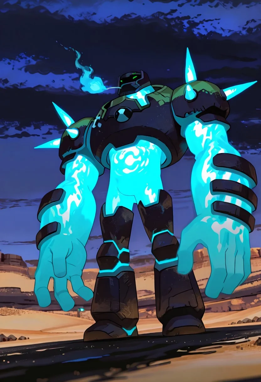 masterpiece, best quality, amazing quality, very aesthetic, absurdres, newest, , detailed background,
movie scene, cinematic scene, cinematic, foreground blur, depth of field,
shckrck, glowing, shoulder spikes, green eyes, helmet, neon trim, blue fire, big arms, massive arms, blue arms, no humans, male focus, short legs,
in desert, black sand, black earth, black ground, black sand dunes, from below, dark blue sky, black clouds, scarf blowing in the wind