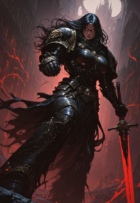 masterpiece, best quality, high quality, 
newest, highres, 8K,HDR,
absurdres, 

dynamic angle, 
realistic, 

1girl, 
BlackT40k, 
power armor, 
long hair, 
weapon, 
glowing eyes, 
dark fantasy, 
holding sword, 
floating, 
ethereal aura, 
red and black color scheme, 
armored gauntlets, 
golden ornaments, 
looking at viewer, 
battle stance, 
supernatural energy, 
shadowy background, 

gothic architecture, 
dynamic pose, 
dramatic lighting, 

detailed background, 
depth of field, 
foreshortening, 
detailed background, 
dynamic pose, 
dynamic composition,
dutch angle, 
foreshortening,
blurry edges, 
<lora:ILLIronW40k:1>