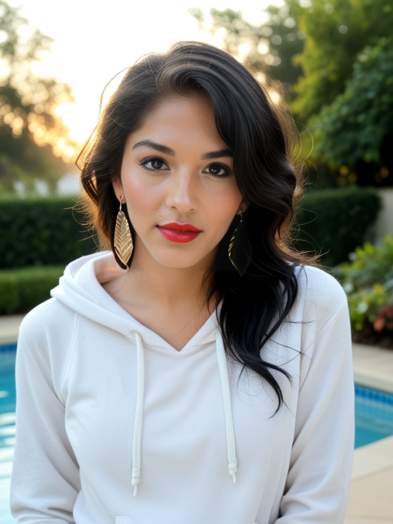 face focused, magic hour, photography, warm light, sunset, movie still, ultra detailed, portrait, BREAK
score_9, score_8_up, score_7_up, Jan3M4rie, Jane Marie,  <lora:Jan3M4rie-pony:1>, solo, red lipstick, pool, 1girl, hoodie, black hair, outdoors, jewelry, realistic, bokeh, focus, film, velvia, film grain, best quality, photograph, focus, earrings, garden