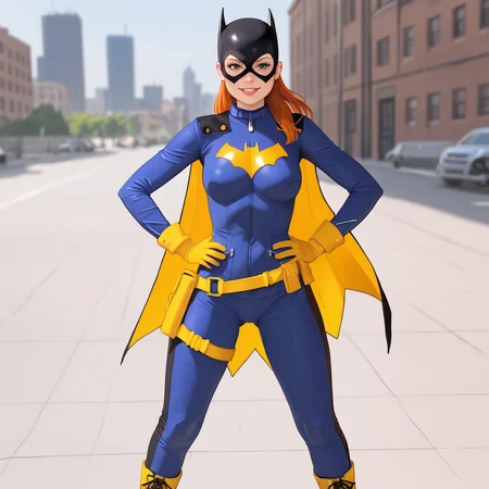 <lora:batgirlburnside_pony_v1:.8>BatgirlBurnside, 1girl, cape, mask, gloves, bodysuit, superhero, medium breasts, orange hair, hands on hips