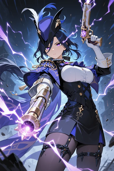 masterpiece, best quality, splash_art, 1girl, clorinde \(genshin impact\), weapon, electro_element, solo, cowboy shot, eye trail, foreshortening, gun, holding gun, leaning back, outstretched arm, electricity, light trail, motion blur, foreshortening, hat, holding, holding weapon, dynamic pose, black hair, long hair, dark theme, extremely_low_angle <lora:gi_splash_art_v2:0.8>