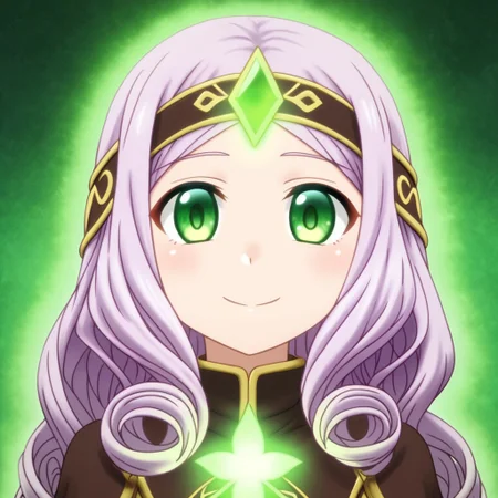mana_sk style, portrait, focus on face, a serene healer girl with soft, curly lavender hair and gentle green eyes, wearing a headband adorned with small medicinal herbs, a warm, nurturing smile, soft light glowing from her hands as if channeling healing energy, Japanese RPG style, calming and benevolent atmosphere, intricate details on her headband and the glowing hands
