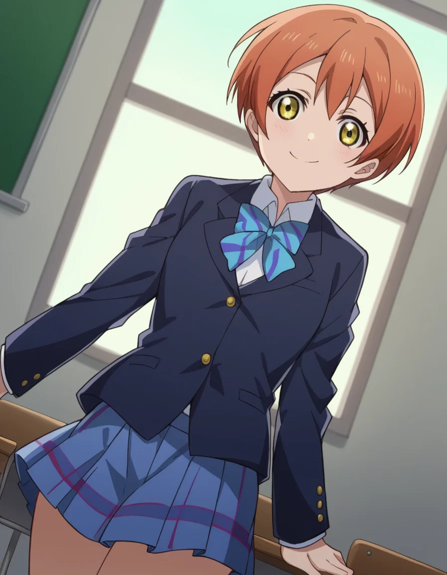 score_9, score_8_up, score_7_up, source_anime, <lora:rin-hoshizora-s1-ponyxl-lora-nochekaiser:1>, rin hoshizora, short hair, jacket, yellow eyes, orange hair, pixie cut,, skirt, school uniform, jacket, blazer, winter uniform, otonokizaka school uniform,, indoors, smile, looking at viewer, solo,, cowboy shot, dutch angle