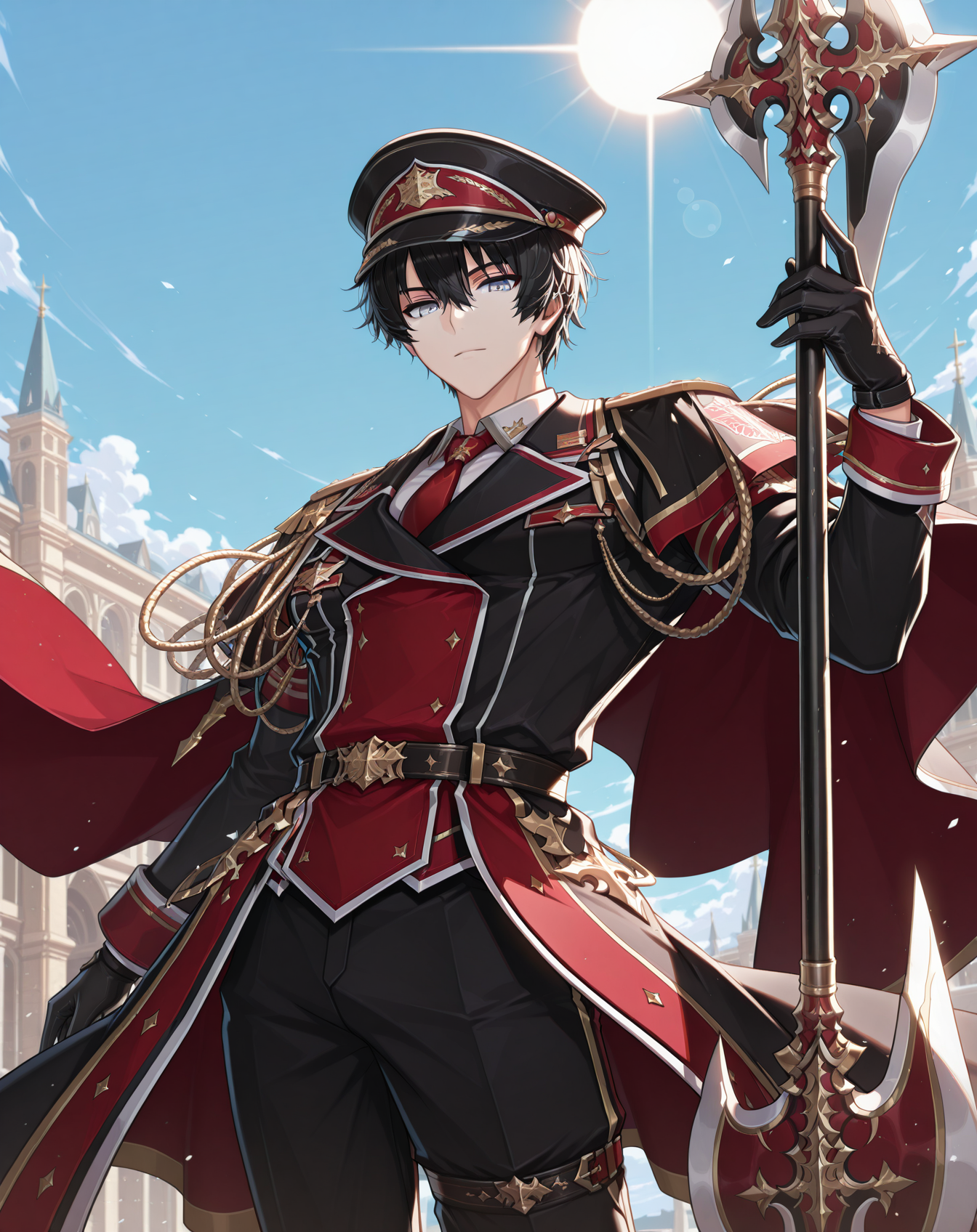 masterpiece, amazing quality, best quality, absurdres, very aesthetic, 
 1boy, solo, yaoi, male focus, cowboy shot, upper body, looking at viewer, face focus, 
<lora:Sieghart_T_Ordo_Squad_ilxl:1> siegtordosquad, black hair, hair between eyes, short hair, grey eyes,
black gloves, military hat, red necktie, black headwear, aiguillette, military uniform, long sleeves, red cape, white shirt, peaked cap, black coat, gold trim, black cape, multicolored clothes, collared shirt, black jacket, red coat, epaulettes,
black footwear, shoes, thigh strap,black pants,
holding polearm, holding weapon, spear, lance, halberd,
outdoors, day, blue sky, sun,