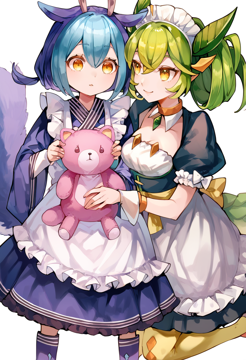 (score_9:0.9),score_8_up,score_7_up,anime style,rating_safe,(zPDXL),<lora:parlor dragonmaid ponyXL v2:0.85>,parlor dragonmaid, maid costume, yellow thigh boots, wrist cuffs, laundry dragonmaid, blue maid outfit, fingerless gloves, 2girls, multiple girls, holding, white background, stuffed toy, stuffed animal, blue footwear,