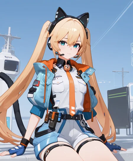 score_9, score_8_up, score_7_up, score_6_up, score_5_up, 1girl,
<lora:Michele Lee - Strinova-000008:0.8>, michele, twintails, bay racer, white shirt, breast pocket, orange necktie, neck bell, sleeveless shirt, aqua jacket, short sleeves, belt, white shorts, thigh strap, cat ear headphones, headset, mechanical tail, partially fingerless gloves,
outdoors, sitting,