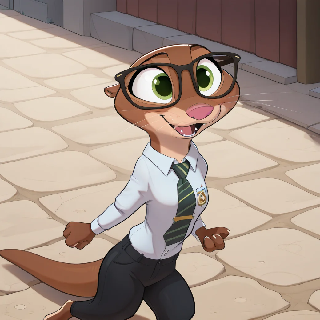 <lora:otterton_illustrious:1>, solo, 1girl, furry female, animal ears, animal nose, brown fur, otter, green eyes, mrs. otterton, wearing white button up shirt and tie, glasses, black pants, , happy expression, walking, outside, (masterpiece), (best quality), (ultra-detailed), amazing quality, very aesthetic, illustration, perfect composition, intricate details, absurdres, incredibly absurdres, <lora:Cooliehigh:1>