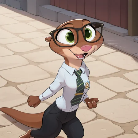 <lora:otterton_illustrious:1>, solo, 1girl, furry female, animal ears, animal nose, brown fur, otter, green eyes, mrs. otterton, wearing white button up shirt and tie, glasses, black pants, , happy expression, walking, outside, (masterpiece), (best quality), (ultra-detailed), amazing quality, very aesthetic, illustration, perfect composition, intricate details, absurdres, incredibly absurdres, <lora:Cooliehigh:1>
