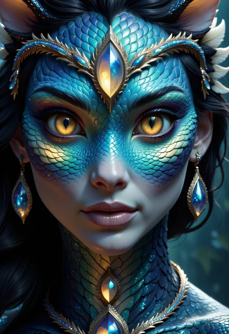 extremely beautiful portrait of a woman with a half scaled iridescent face, beautiful cat eyes, realistic, wearing glowing moonstone circlet, mysterious allure
