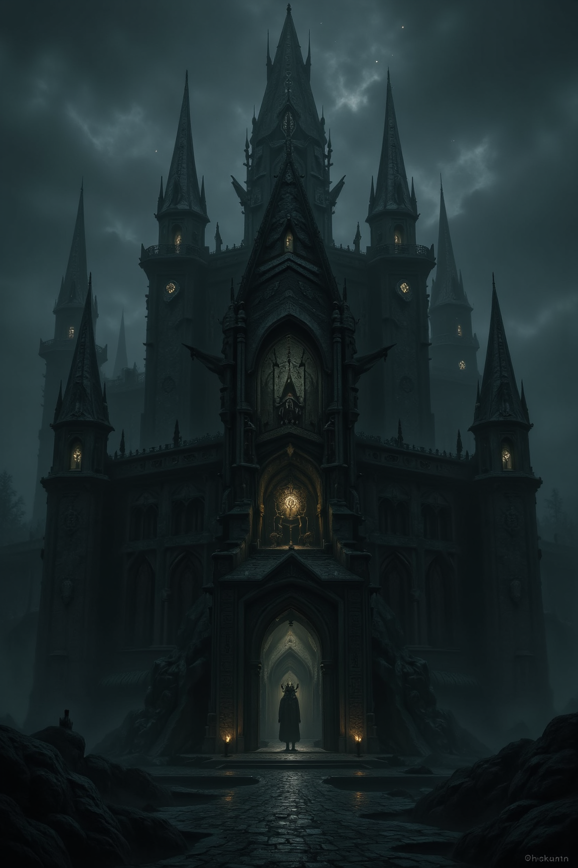 Midjourney_Whisper, The ancient dark castle of the deity El rises like a shadowy titan from the mist-shrouded plains. Its towering spires pierce the heavens, their apexes kissed by the faintest glimmer of starlight. The structure itself is a labyrinth of stone and shadow, its walls etched with runes that hum with celestial power. Within lies the sanctum of divinity, where El's presence radiates an aura of primordial wisdom and creation. This fortress, both awe-inspiring and forbidding, stands as a testament to the father of gods, a realm where time itself seems to bend under the weight of eons past.