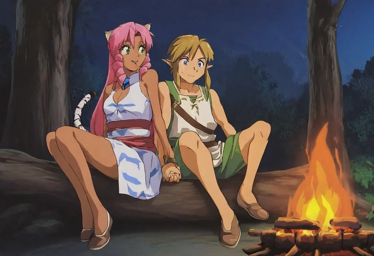 Pink_DragonPink, 1girl, sleeveless dress, white tiger print dress, pelvic curtain, cleavage, white tiger tail, red sash, small breasts, leather shoes, masterpiece, very aesthetic, smiling wide, showing teeth, <lora:pink-illustrious:1>,
Break
1boy,Anime screencap,link (zelda),blonde hair,blue eyes,pointy ears, low ponytail, sidelocks, wearing blue hyilian tunic, happily smiling
Break
Lost woods at night, sitting on tree stumps, forest campsite, night, campfire, pink and link touching, holding hands, cuddling, hugging, fish grilling on the fire
