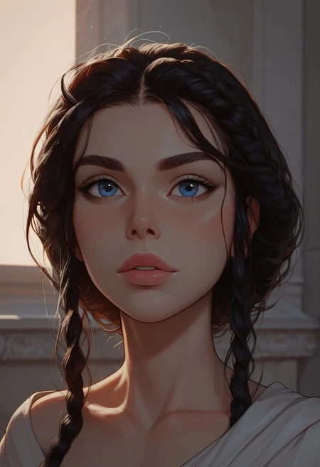 (score_9, score_8_up, score_7_up). ( line work, excellent drawing, highest quality, extremely detailed:1.2). 1woman, Greek Goddess Hera, perfect face, beautiful blue eyes, long lashes, dark hair, princess braid, glossy lips, ancient greek dress, g0thicPXL, romantic, cinematic lighting, volumetric lighting, motion effects, source_cartoon