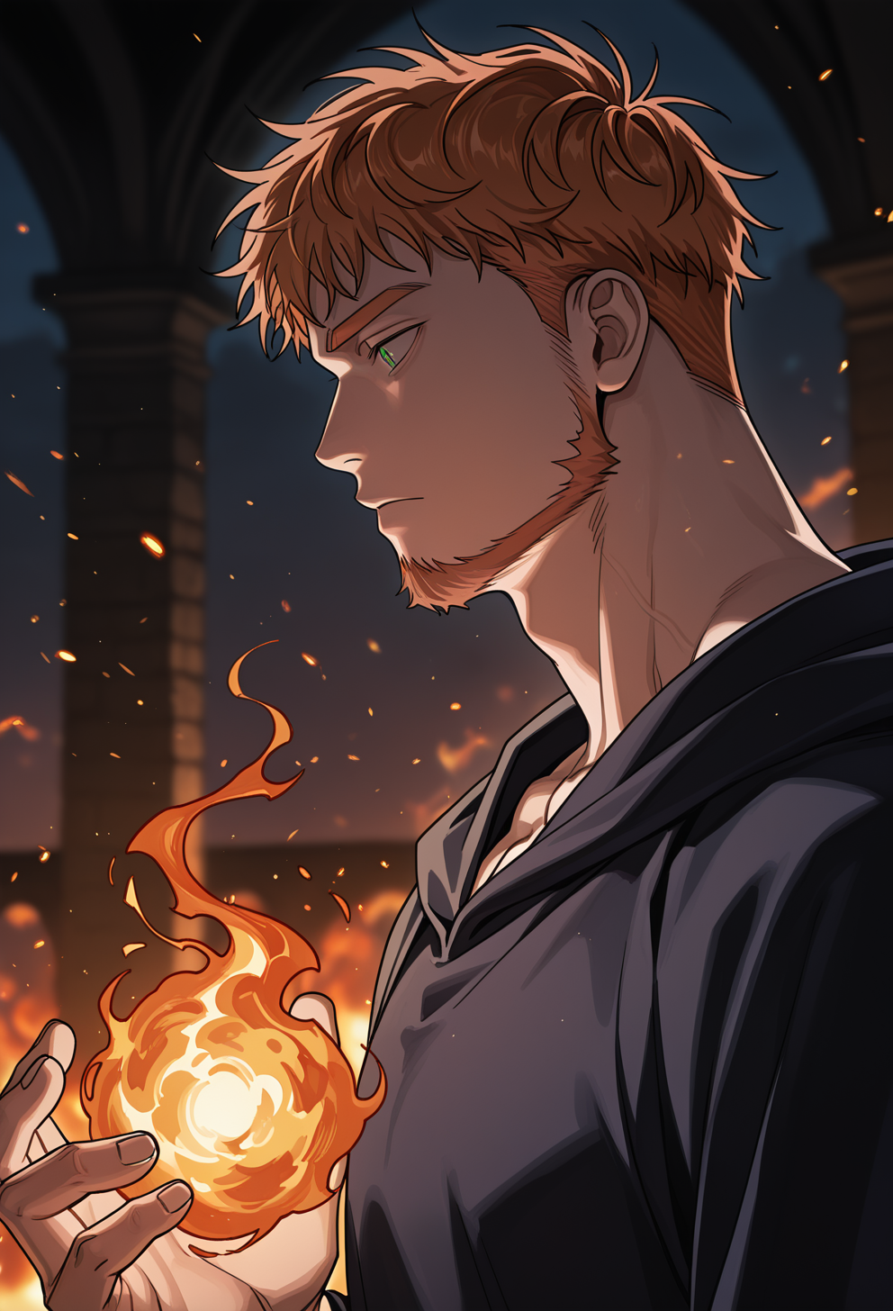 <lora:Hebaron_Nirtha_Under_the_Oak_Tree_v2.1:0.7>,
1boy,hebar0n,orange_hebar0n_hair,green_hebar0n_eyes,mature male,muscular male,bara,male focus,solo,
beard,facial hair,manly,
dark,wizard robes,fireball,embers,from side,upper body,profile,high contrast,
blurry background,
(masterpiece, best quality, absurdres, detailed, amazing quality, vivid colors, newest, very aesthetic, highres, expressive eyes)