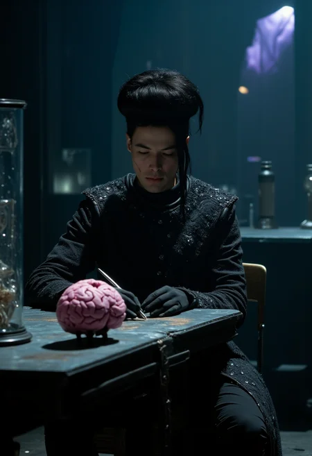 a dark large laboratory. A male scientist in a graphite coat is sitting at the table and writing. black hair, There is a glass box on the table next to it, inside of which there is a pink brain.. mythp0rt, nigiex.
(Depth of field), low saturation,detail. mythp0rt Stylish, charismatic.
An otherworldly atmosphere. Epic.. The overall composition feels cinematic, blending high fashion with a science fiction aesthetic. . . (Depth of field), low saturation,detail. ,,. ,,. masterpiece, best quality, medium-format camera, high-contrast, dramatic lighting, striking composition, . (Depth of field), low saturation,detail. mythp0rt, charismatic., ,,. masterpiece, best quality, dramatic lighting,.
An otherworldly atmosphere.
(Depth of field), low saturation,detail. mythp0rt Stylish, charismatic.PA
,,sNOW wHITE,
(Depth of field), low saturation,detail. mythp0rt Stylish, charismatic., belle
(Depth of field), low saturation,detail. mythp0rt Stylish, charismatic. ,.
, low saturation,detail. mythp0rt Stylish, charismatic. ,,aidmamj6.1,ne0nfant4sy, The background is minimalist, a gradient of shadowy blue tones, amplifying the ethereal and futuristic ambiance of the scene. . Thin border of tiny maple leaves that glitch and fade around the edges overlaid on a black border background...
with rays of sunlight piercing through the misty atmosphere. masterpiece. An otherworldly atmosphere, Mysticism. mythp0rt,
(Depth of field),detail. mythp0rt, Stylish, charismatic.
, Otherworldly atmosphere. aidmamj6.1
(Depth of field), low saturation,detail. mythp0rt Stylish, charismatic.c.
(Depth of field),,detail. mythp0rt Stylish, charismatic. ,aidmamj6.1,ne0nfant4sy,.
<lora:domiswaunfluxmini:1>
. perfect hands.,
, .
best quality, dramatic lighting,. RickandMorty Style
An otherworldly atmosphere.
(Depth of field), low saturation,detail. mythp0rt Stylish, charismatic.
,
(Depth of field),detail. mythp0rt, Stylish, charismatic. RickandMorty Style