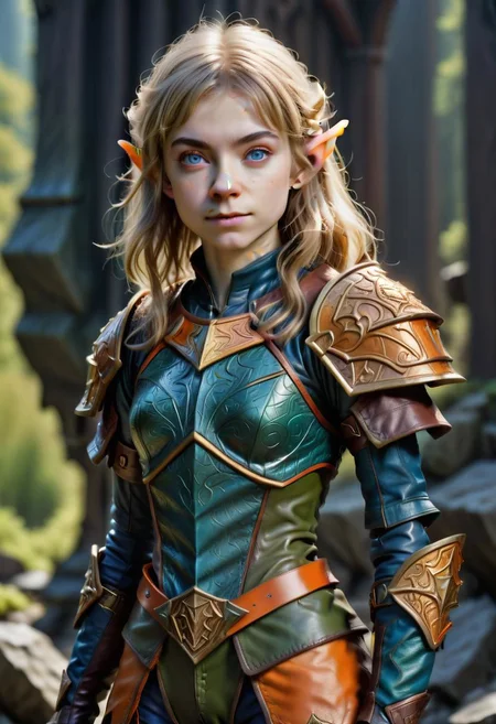 photo of pale (Age 19) female (halfling:1.75), flat chested, rectangle body shape, shaggy blonde, middle part, blue eyes, (F41Arm0rXL orange/green druidic leather armor and pants), homely, tiny, petite, thin, toned, lithe, full body, outdoors, HDR