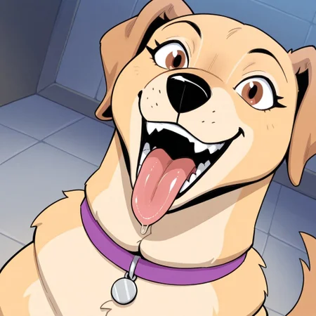 Lola(P.B.), Solo, 1girl, feral, dog, Labrador retriever, yellow fur, brown eyes, black nose, dog tail, dog ears, purple collar, looking at viewer, face focus, smile, mouth wide open, grin, mawshot, open mouth, imminent vore, oral invitation, saliva, tongue, dutch angle,
