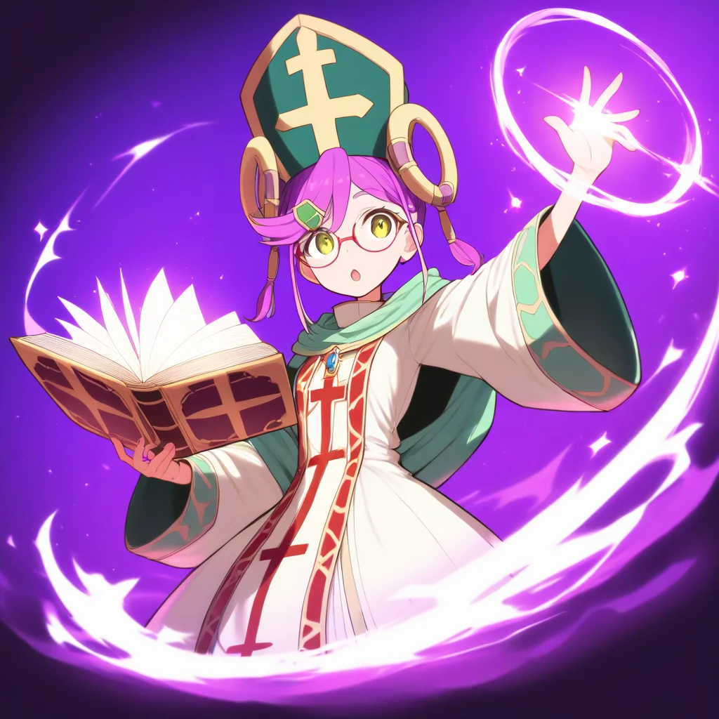 <lora:Baku_Omori:1>,kuguru uki,kuguru uki\(sage\),1girl,solo,hat,glasses,open mouth,hair ornament,arm up,purple background,mitre,book,robe,green headwear,dress,:o,magic,white dress,masterpiece,high score,great score,absurdres,
