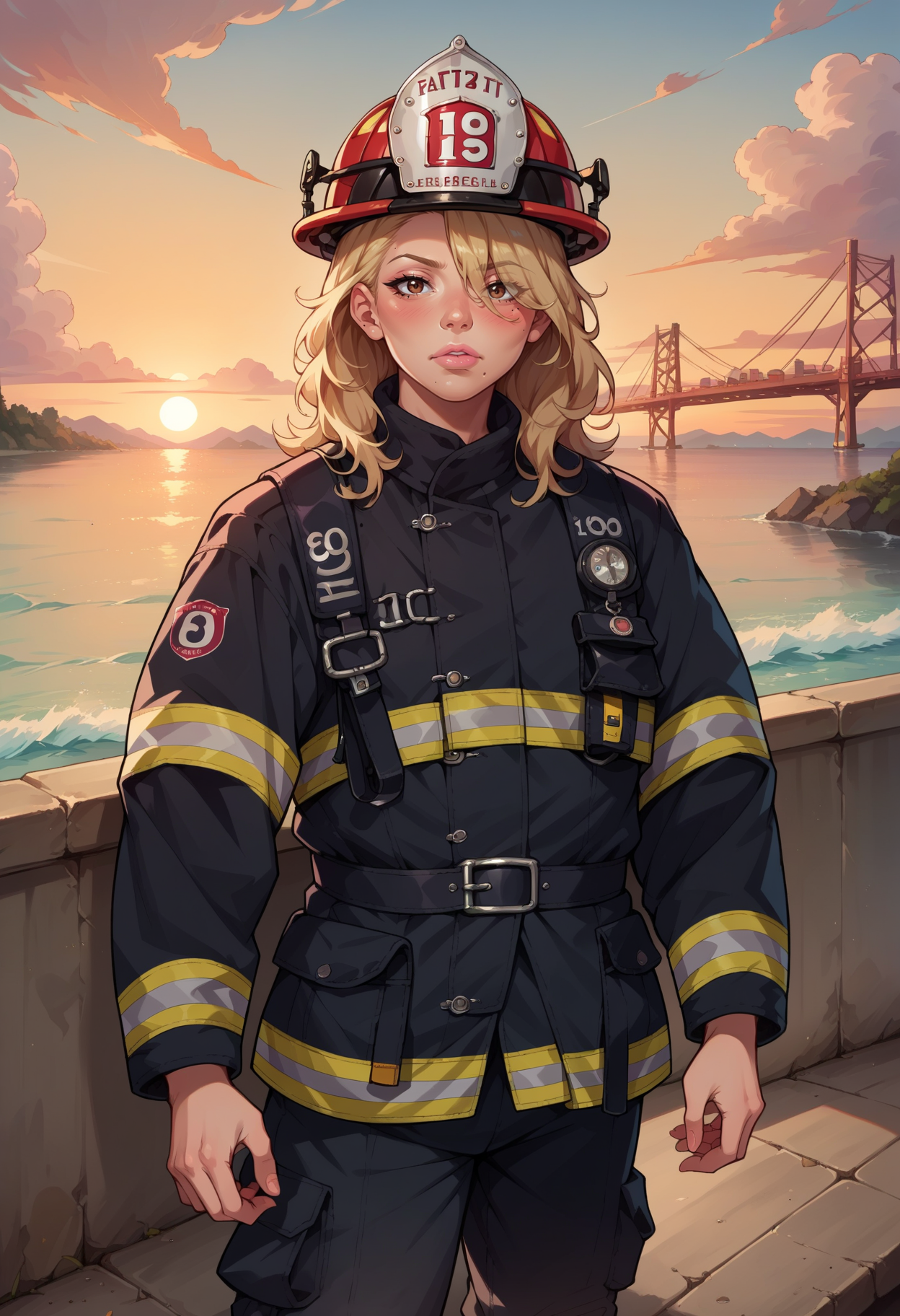 score_9, score_8_up, score_7_up, score_6_up, score_5_up, score_4_up, source_anime, 1girl, solo, looking at viewer, medium hair, blonde hair, hair over one eye, hair over shoulder, long hair, brown eyes, black eyeshadow, pink lips, lip gloss, blush, mole, mole under mouth, detailed background, cowboy shot, EPFireFighter, <lora:EPFireFighterPony:1.0>, wearing EPFireFighter, jacket, black jacket, pants, black pants, harness, helmet, red headwear,sunset, bridge, ocean, water, building, mountainous horizon,