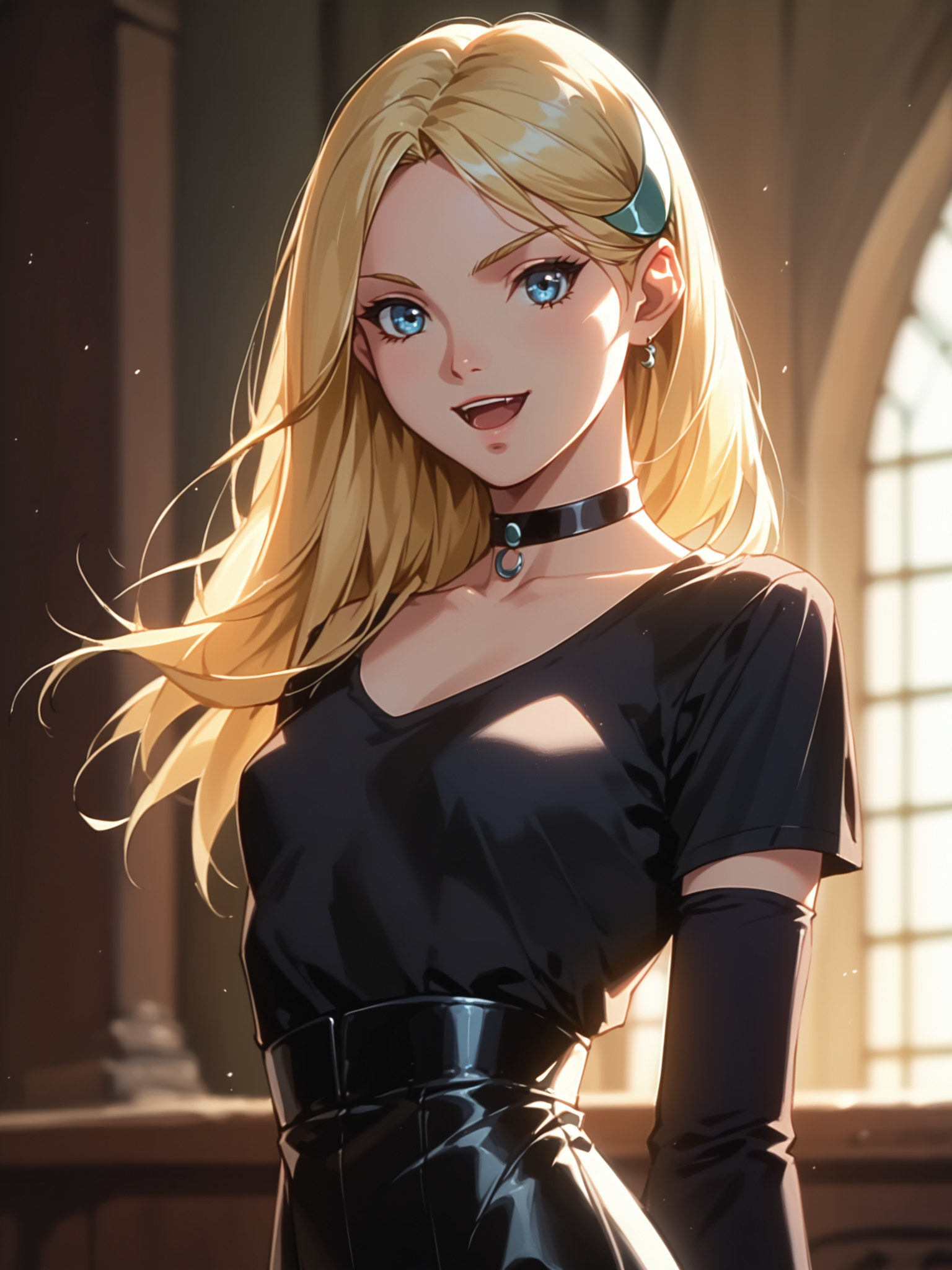 <lora:happy_tentacle-sharon-v0.3-000010:0.9>, ht_sharon, crescent hair ornament, indoors, goth fashion, black clothes, eyeliner, layered clothes, choker , blue eyes , cowboy shot, 1girl, (petite:1.2), solo focus, smile, open mouth, (looking at viewer:1.1), backlighting, (depth of field:0.8), , [(realistic, photorealistic:1.2):(realistic:1.3):22], [(3d:1.2)::10], <lora:LUUNA's Lunas-NijiJourney-SDXL-B2:0.5>, nijijourney, <lora:prgfrg23's Counterfeit-V3.0 Style SDXL_LoRA_Pony Diffusion V6 XL:0.35> <lora:Shed_The_Skin's StS_age_slider_v1_initial_release:-1>, score_9, score_8_up, score_7_up, score_6_up, score_5_up, score_4_up,