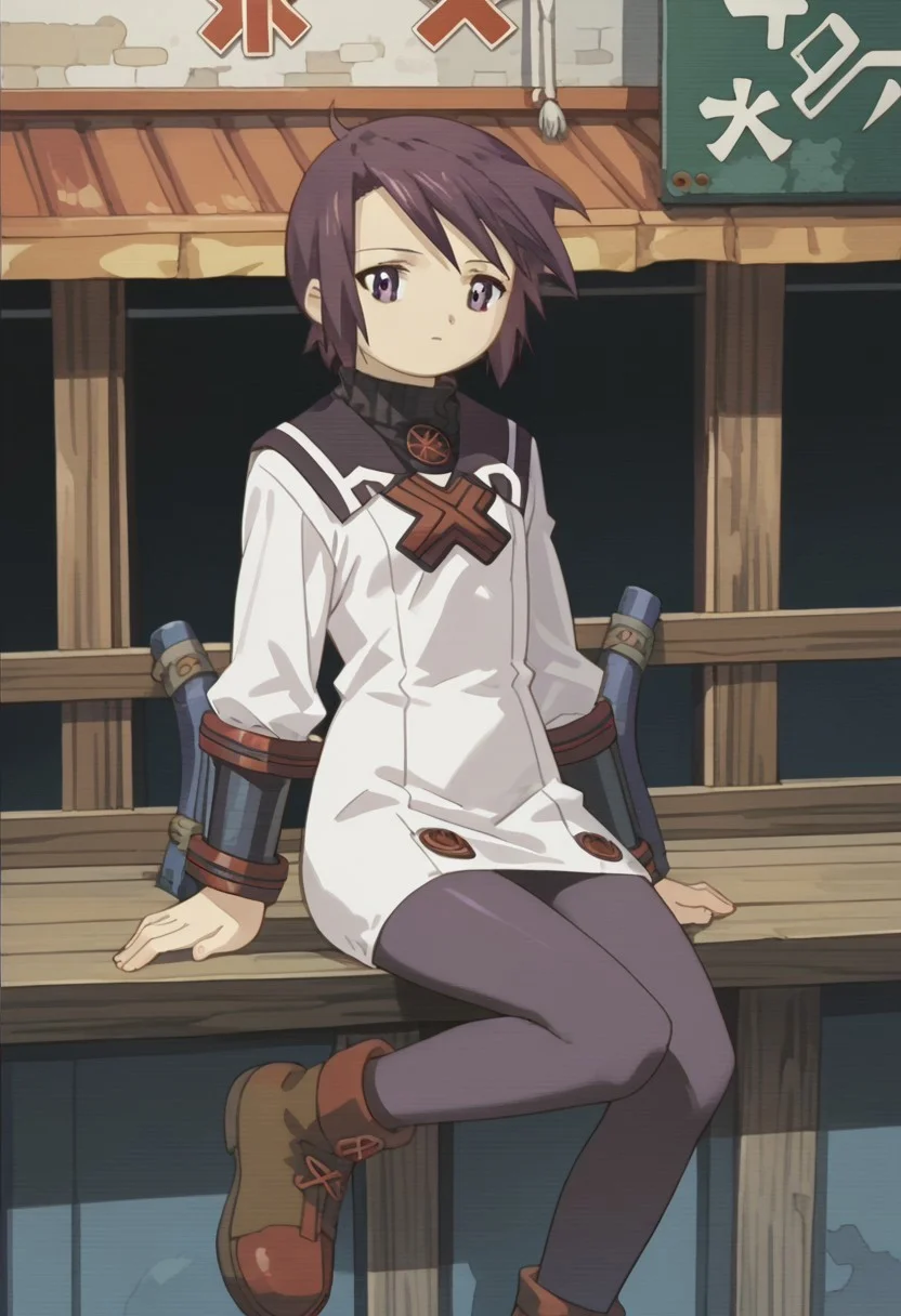 score_8, score_8_up, score_7_up, source_anime, anime screenshot, 1girl, female focus, solo, toris_SN2, purple hair, short hair, bangs, sidelocks, short hair with long locks, turtleneck, sailor collar, white dress, short dress, dress, long sleeves, bracers, pantyhose, purple pantyhose, ankle boots