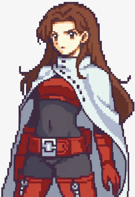score_9, score_8_up, score_7_up, source_anime BREAK, 1girl, solo,
<lora:zs_FEGBAPortraitsXL:1> fegbaportraits, white background,
<lora:zs_YukaXL:1> yukasmt, brown hair, long hair, bodysuit, white cape, belt, red thigh boots, gloves,