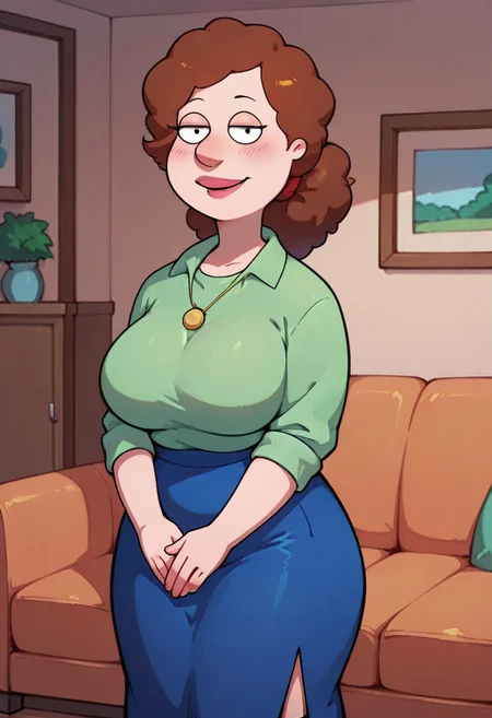 score_9,score_8_up,score_7_up,score_6_up,best quality, 1girl, solo, living room, couch, indoors,
BREAK
unnamed girl, brown hair, black eyes, big nose, (mature female:1.5), (plump:1.2), large breasts, gigantic hips, thick thighs, green sweater, rolled up sleeves, blue skirt, stockings, own hand together, blush, smile, looking at viewer, long skirt, half-closed eyes, necklace,