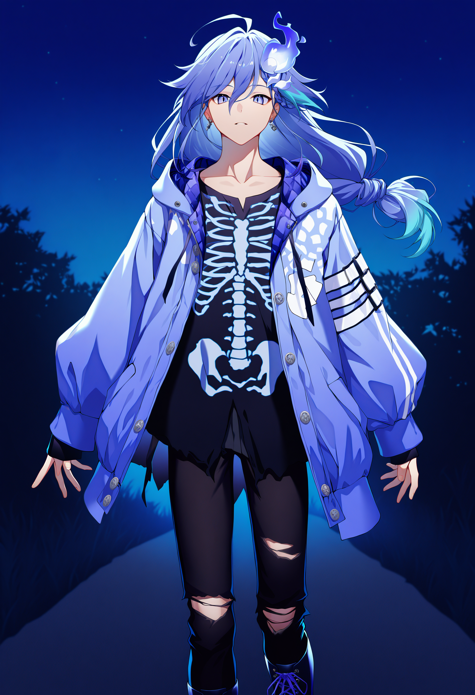 minase rio, torn pants, skeleton print, solo, 1boy, male focus, black pants, purple hair, streaked hair, hitodama, hair between eyes, black shirt, boots, earrings, antenna hair, sleeves past wrists, aqua hair, torn shirt, braid, blue eyes, purple eyes, long sleeves, undershirt, hooded jacket, blue hair, low-tied long hair, hair bun, tachi-e, untucked shirt, cross-laced footwear, piercing, standing,
looking at viewer, dark, dappled moonlight, outdoors, night sky,
masterpiece, best quality, very aesthetic, absurdres
<lora:holostars_allmems_illustrious_v1:1>
<lora:illustrious_noobai_epsilon_pred_1_masterpieces_v1:1>