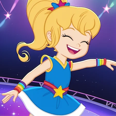 score_9, solo, 1girl, rb2014, rainbow motif, blonde hair, ponytail, open smile, closed eyes, crazy dancing, close up, star (symbol), detailed face, dress, child, traditional media, official screencap, retro artstyle, indoors, disco ball, rainbow lights, light fog, disco, <lora:rb2014:1>,