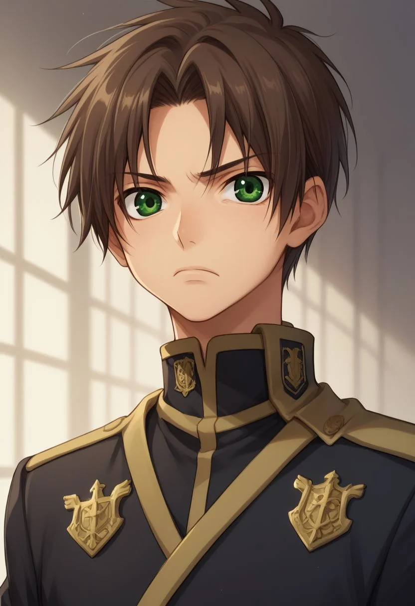 score_9, score_8_up, score_7_up, source_anime,
teito, 1boy, solo, male focus, green eyes, brown hair, looking at viewer, uniform, school uniform, military uniform, black uniform, military, upper body, skinny, frown,
indoor,