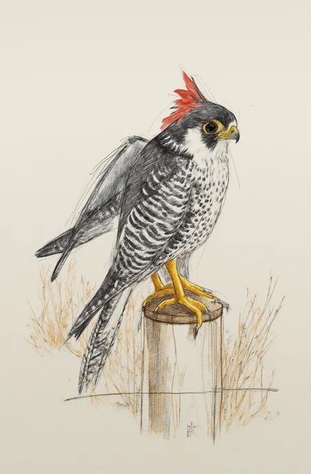 Sharp image of a rough sketch, rendered in vibrant multi colour ballpoint pen, capturing the adorable features of a bird of prey, specifically a falcon, perched on top of a wooden post. The bird is facing towards the right side of the image, with its head turned slightly to the left. It has a black and white striped body, a yellow beak, and a red crest on its head. Its wings are spread out and its tail feathers are fanned out. The post is attached to a wire fence, and the background is blurred, but it appears to be a wooded area with dry grass and shrubs.  p3nsk, <lora:p3nsk:1>
