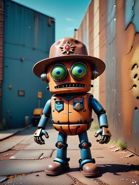 [photo focus on  robopop robot in keystone cop uniform, extra eye, sherriff badge, western street, cowboy hat, blue eyes
 <lora:Robopop:0.85>, , film, professional, 4k, highly detailed, absurdres, detailed, macro details, 8k, hyper realistic, texture surface details] logo in grafitti style font, key visual, hdr, simple background, by, form, orange green red blue theme
