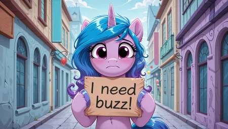 resolution,masterpiece,high resolution,my little pony,friendship is magic resolution,masterpiece,high resolution,solo,wild,pony,woman
looks at the viewer
very sad
<lora:Izzy_Moonbow:1> Izzy Moonbow unicorn, lavender body, purple eyes, mane and tail that go from blue to dark purple, with wavy locks.
city
, need_buzz, holding sign saying "I need buzz" <lora:NeedBuzz_sign_Illustrious:1>need_buzz, holding sign