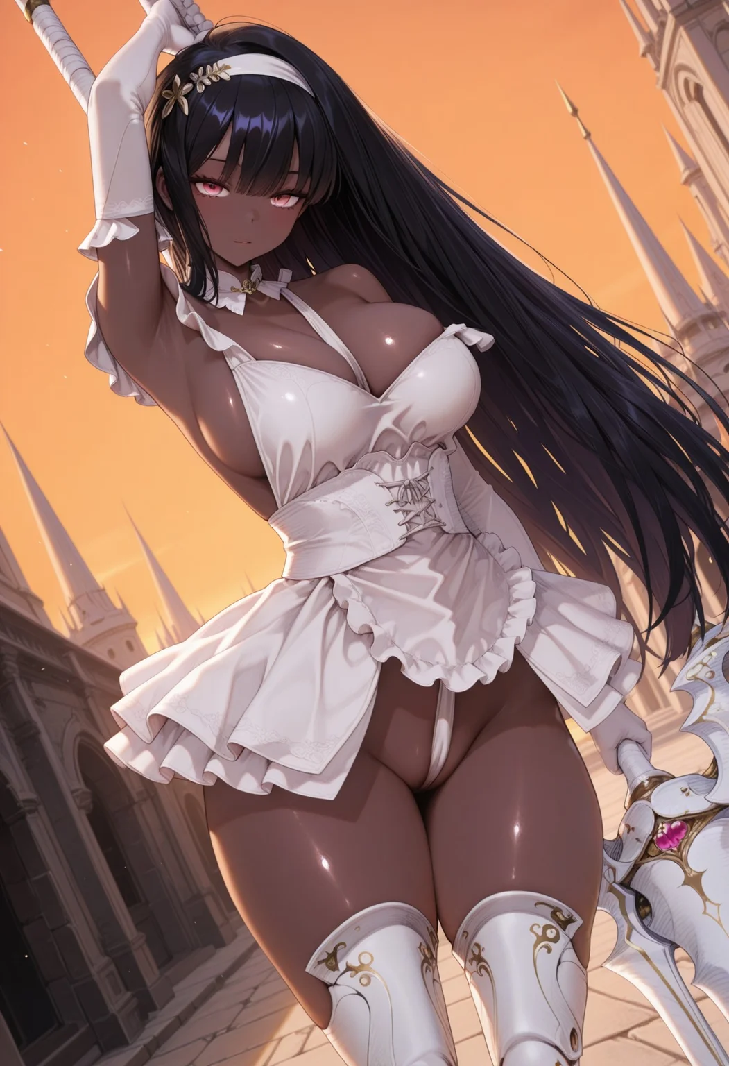 (masterpiece, best quality, 8k, ultra-HD, high detail),1girl, outdoors, nekyndalia-def, large breasts, pink eyes, dark-skinned female, black hair, long hair, white hairband, white detached collar, neck string, white short dress, off_shoulder, white elbow gloves, white thigh armor boots, polearm_behind_back, arm up, holding_weapon, looking_at_viewer, dynamic pose, standing confidently, half step, orange sky, dark theme, dynamic angle,