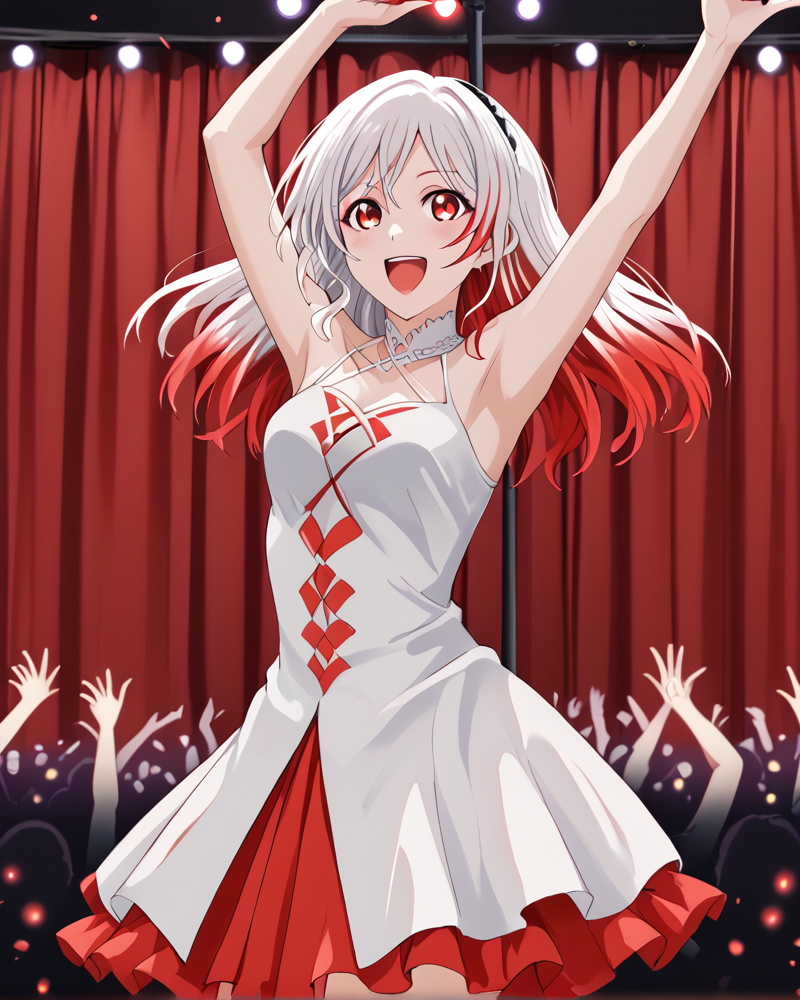 ayre, red eyes, multicolored hair, red hair, white hair, red theme, singing on stage, stage lights, curtains, idol, dancing, miniskirt, happy <lora:Ayre_Armored_Core_6_FORPONY:1>