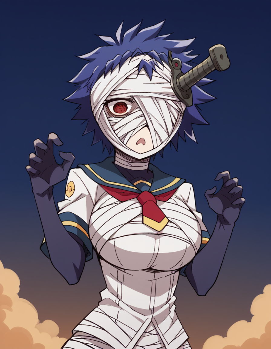 score_9, score_8_up, score_7_up, source_anime, <lora:youka-naze-s2-ponyxl-lora-nochekaiser:1>, youka naze, short hair, large breasts, red eyes, blue hair, bandages, bandage over one eye, <lora:mummy-costume-ponyxl-lora-nochekaiser:1>, mummy costume, bandages, halloween costume, bandaged arm, zombie pose, bandage on face,, desert, moon, night, open mouth, , dutch angle, cowboy shot