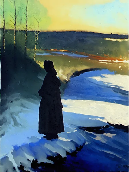 <lora:konstantin-yuon_pony_v1:0.75> 'painting' by yuon konstantin in 1 ,post-impressionism \(style\),religious painting \(genre\) 1girl,woman, river,twilight-and-night,snow-and-blizzard,, score_9, score_6_up, score_7_up, score_4_up, rating_questionable