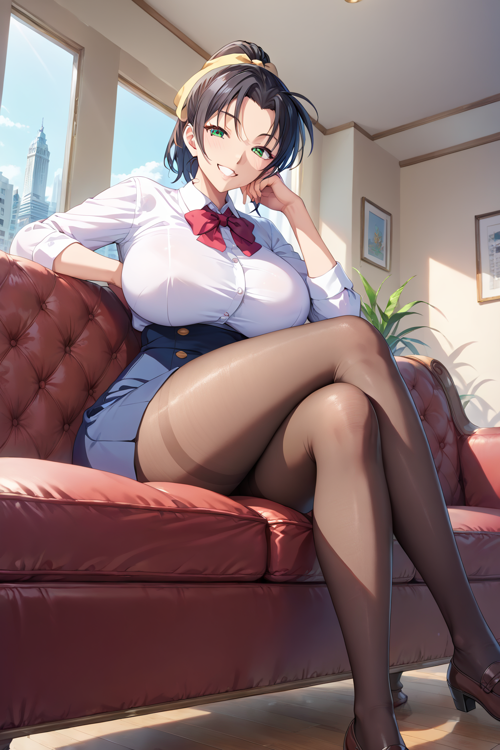 score_9,score_8_up,score_7_up,from below,
1girl,mature female,milf,sitting,sitting on couch,crossed legs,full body,inside,city,looking at viewer,head rest,evil smile,seductive smile,expected eyes,from front,huge breasts,narrow waist,wide hips,
Best quality,masterpiece,soft light,official art,masterpiece,high quality,highres,absurdres,epic scene,natural textures,highest quality,8K,Ultra-HD,ultra detail,epic scene,natural textures,<lora:Tooyama Kazuha Pony:1>,hair ribbon,ponytail,black hair,green eyes,school suit,miniskirt,pantyhose,