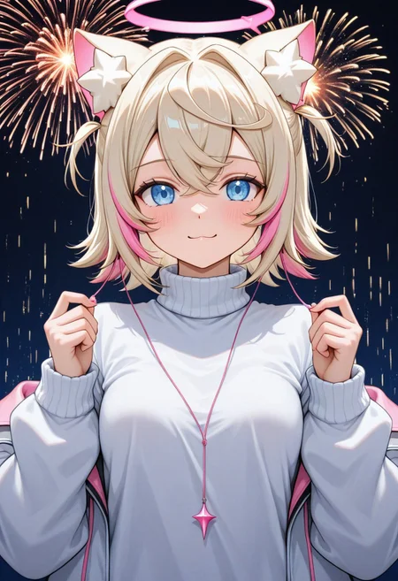 d_up, 1girl, mococo abyssgard, blonde hair, pink hair, blue eyes, earphones, multicolored hair, medium hair, shirt, turtleneck, sweater, long sleeves, turtleneck sweater, jacket, glitch, upper body, abstract background, white shirt, halo, fireworks, looking at the viewer, cute