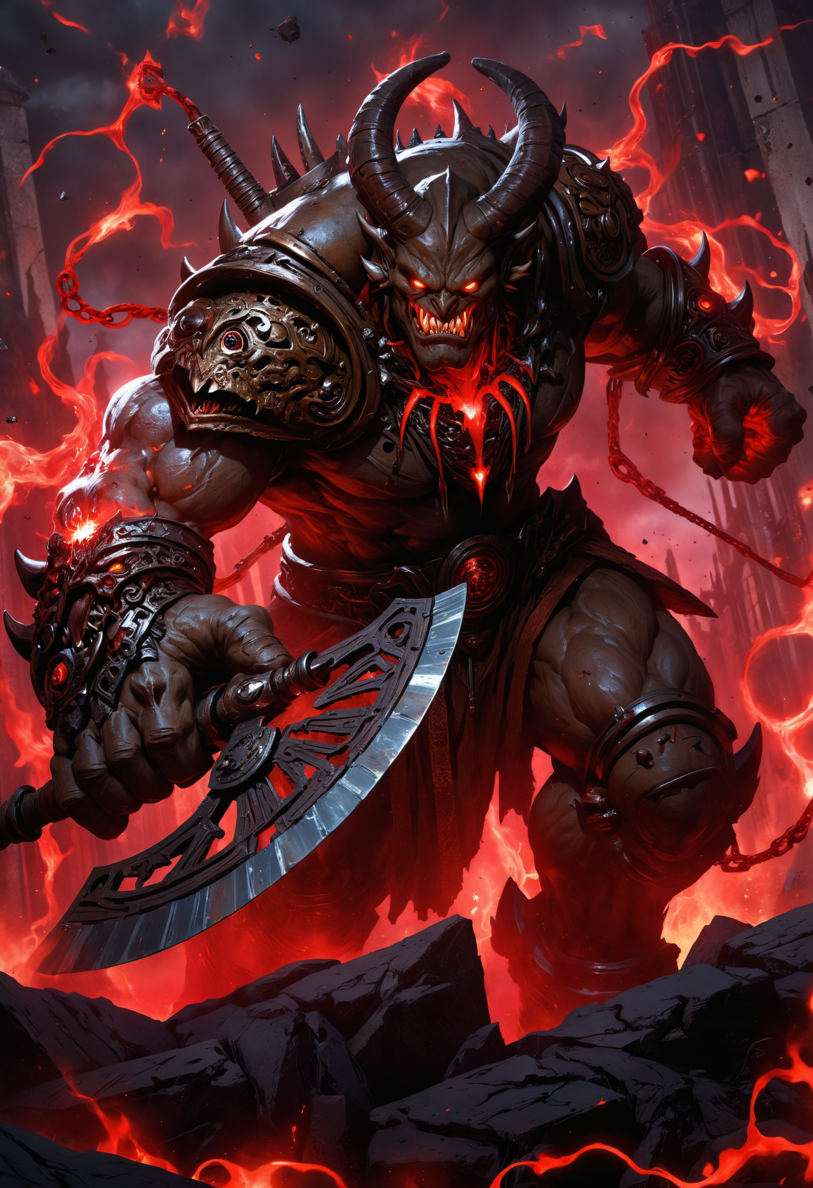 highly detailed and hyper realistic, a panoramic close up shot of a horrifying colossal ancient demon with highly detailed evil glowing eyes, angry expression, holding a gigantic glowing axe, guarding the gates of hell, ruby red hues, atmospheric haze
<lora:xl_more_art-full_v1:0.5> <lora:add-detail-xl:1>