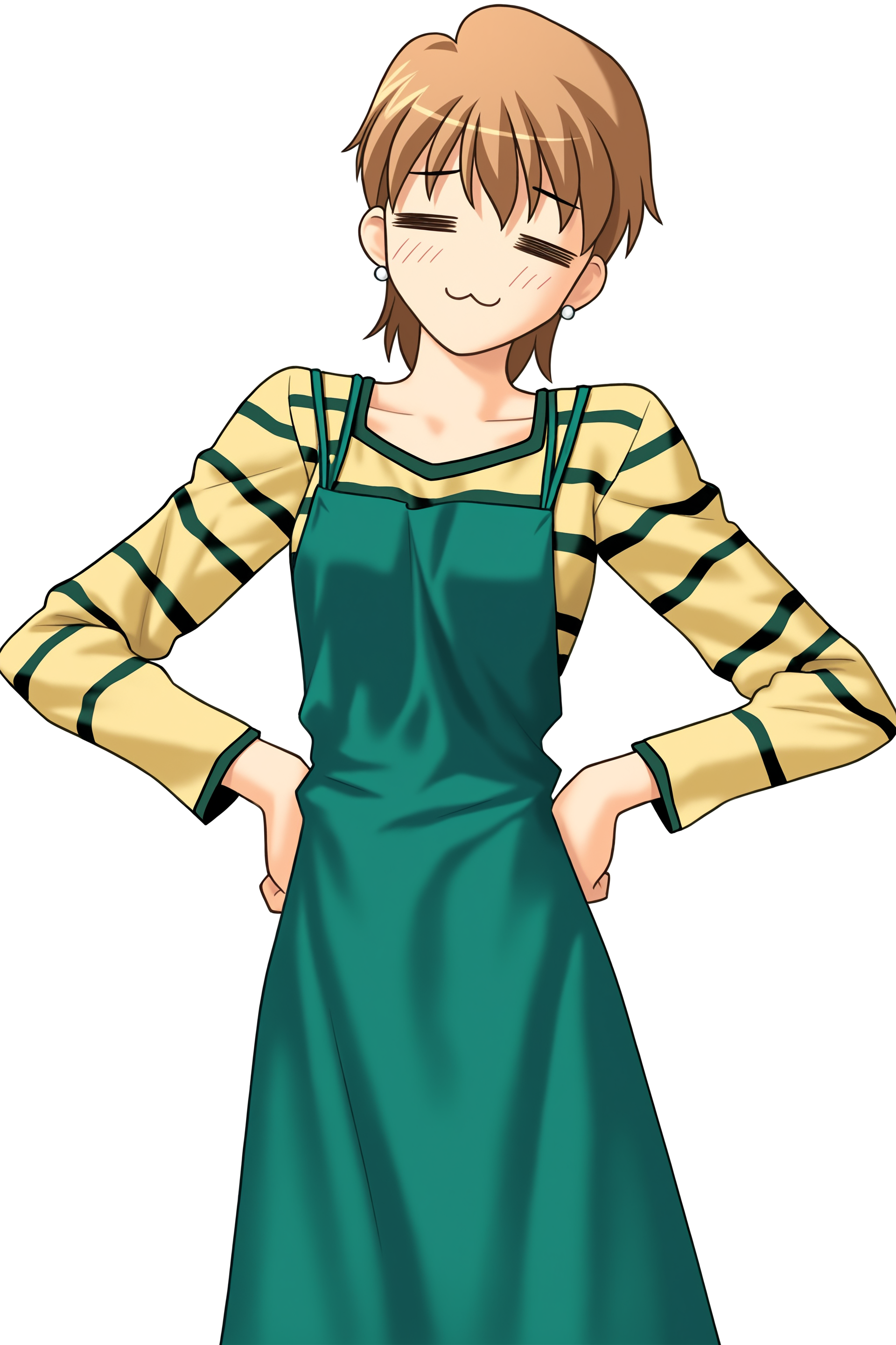 fatesnha, oekaki, 1girl, solo, blush, smile, short hair, shirt, brown hair, long sleeves, dress, jewelry, standing, closed eyes, = =, earrings, striped clothes, apron, :3, transparent background, green dress, hands on own hips, striped shirt, green apron, fujimura taiga, 
(masterpiece, best quality, absurdres, highres, newest, very awa:1.2), 